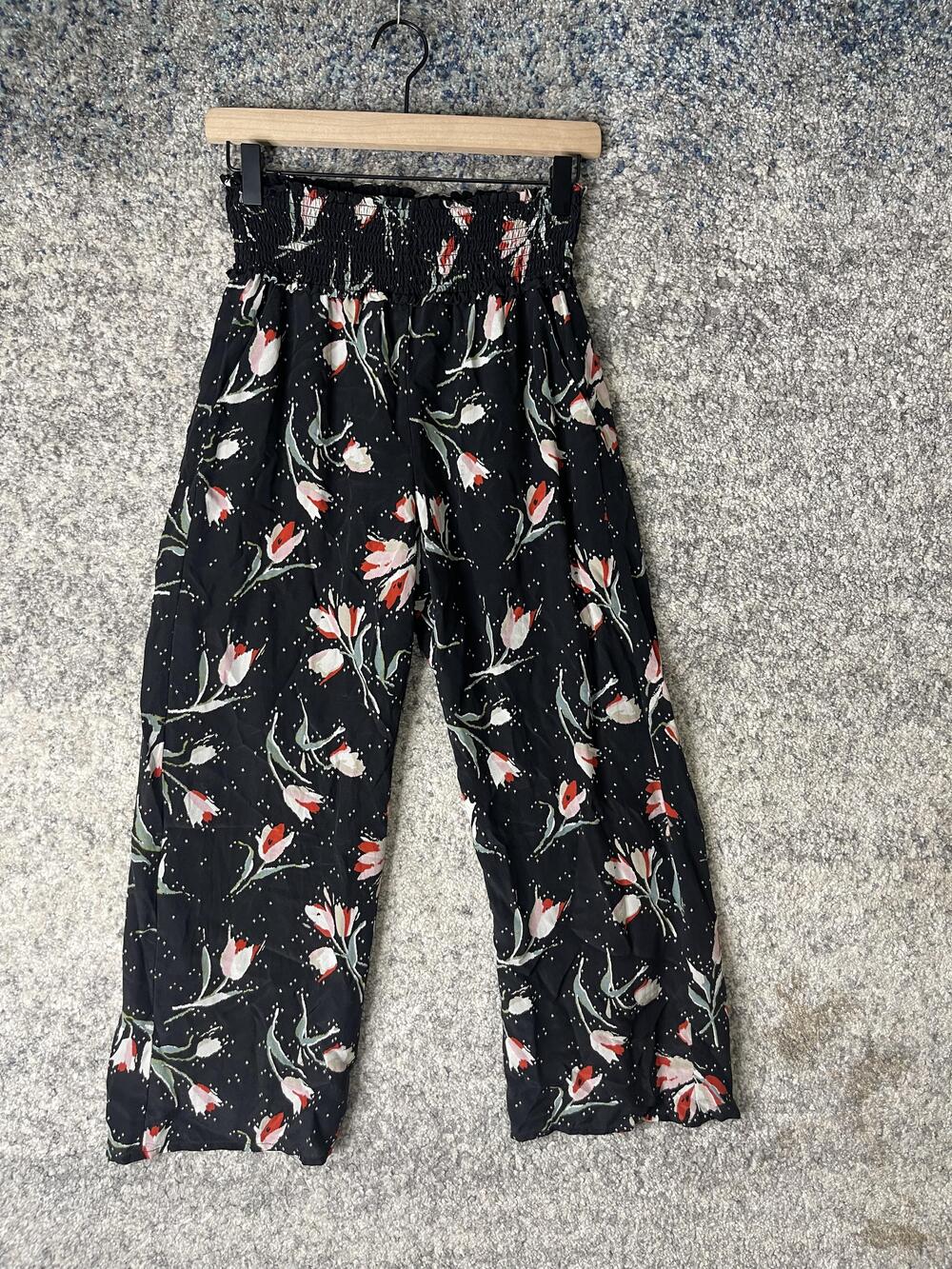 Rebecca Taylor Pants Womens Medium Black Floral Smocked Waist Wide Leg Cropped